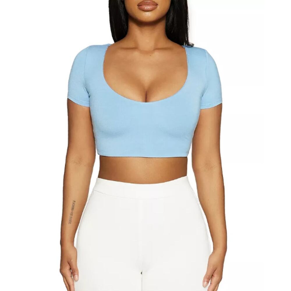 NWT Naked Wardrobe Women's Blue The Scoop Neck Short Sleeve Crop Top Large